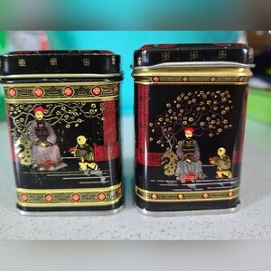 Vintage Oriental Tea Caddy Tin Black/Gold/Red Chinese Collectible 70’s Set of 2